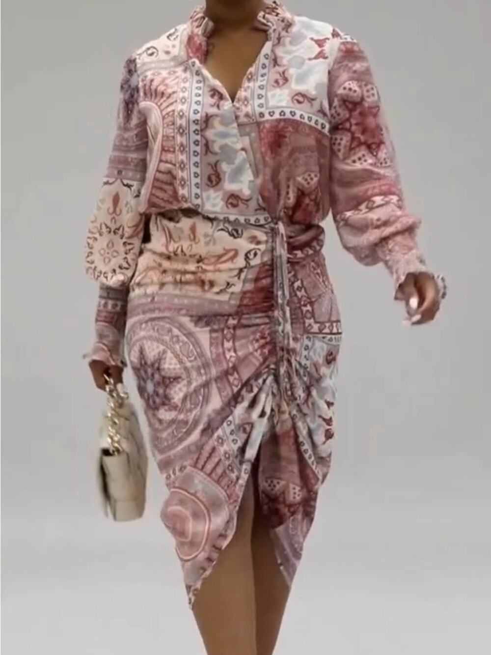 Paisley Medallion Ruched Drawstring Midi Dress NWT Boho Resort Size L mobwife